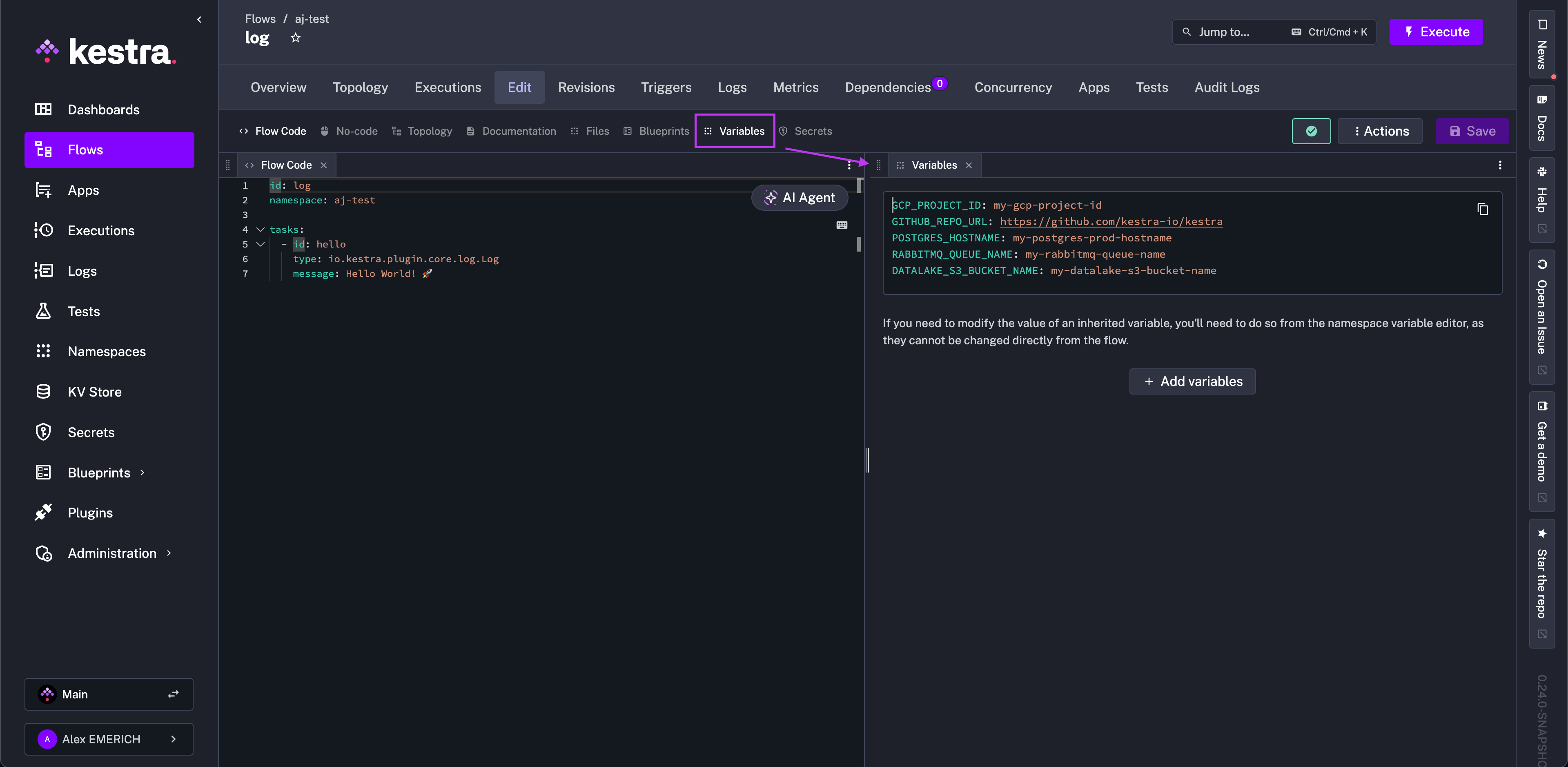 Namespace Variables Tab
