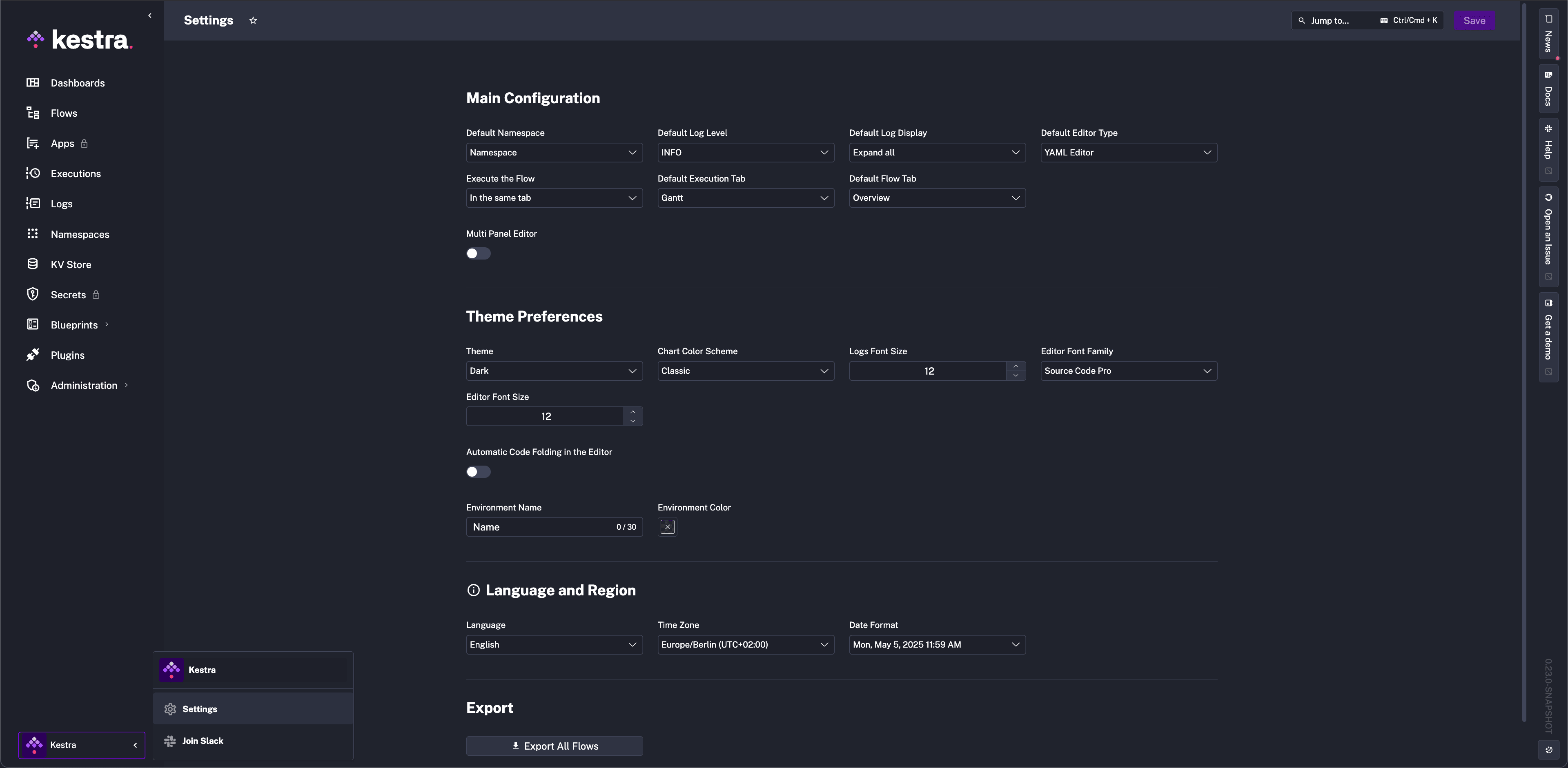 Kestra User Interface Settings Page